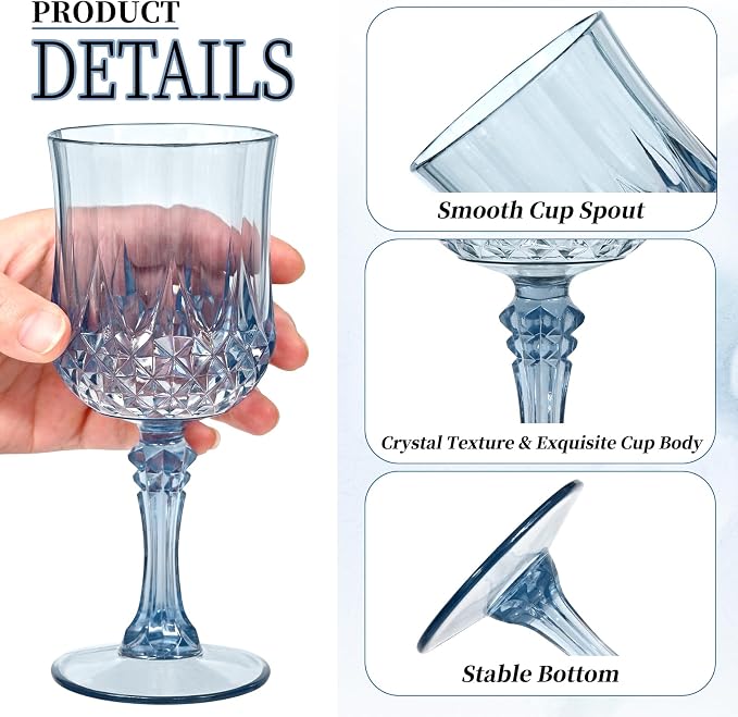 48Pack Blue Plastic Wine Glasses,Vintage Plastic Goblets for Parties, Dusty Blue Drinking Glasses Crystal Water Goblets Reusable for Wedding Reception, Grand Event Party Supplies