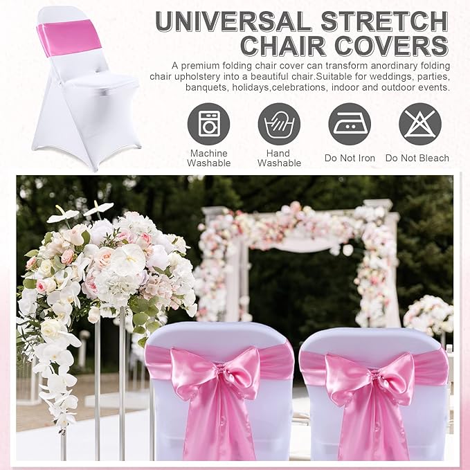 Lounsweer 50 Pcs Folding Chair Cover Set with 25 Stretch Spandex Slipcovers 25 Satin Chair Sashes Bows Ribbon Washable Banquet Protector for Wedding Event Party(White, Pink)