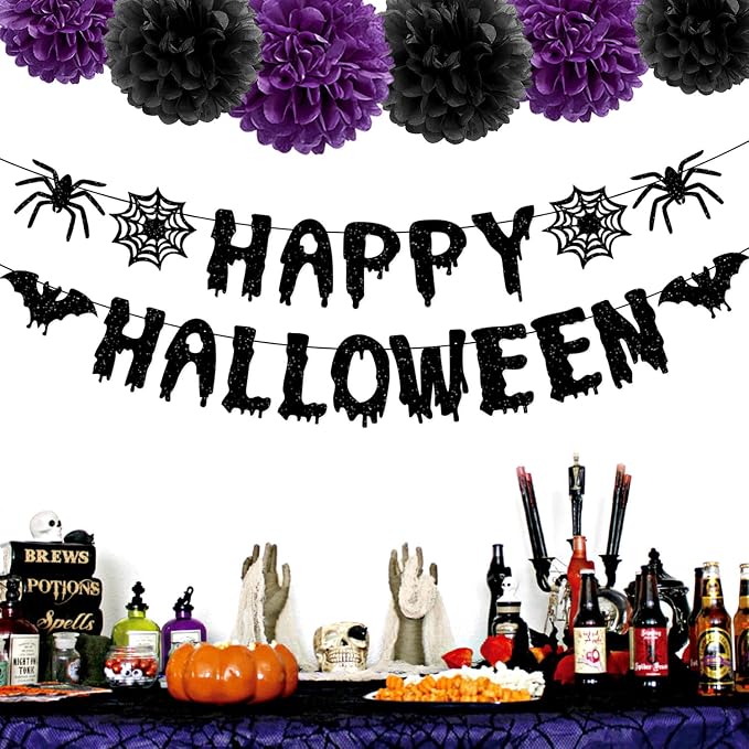 Purple Black Happy-Halloween Party Decorations - 13PCS Spider Web Bats Streamers Banner ,Paper Flowers Lanterns Tissue Pom Poms Fans, Classroom Birthday Bachelorette Hanging Supplies Decor Hugfond