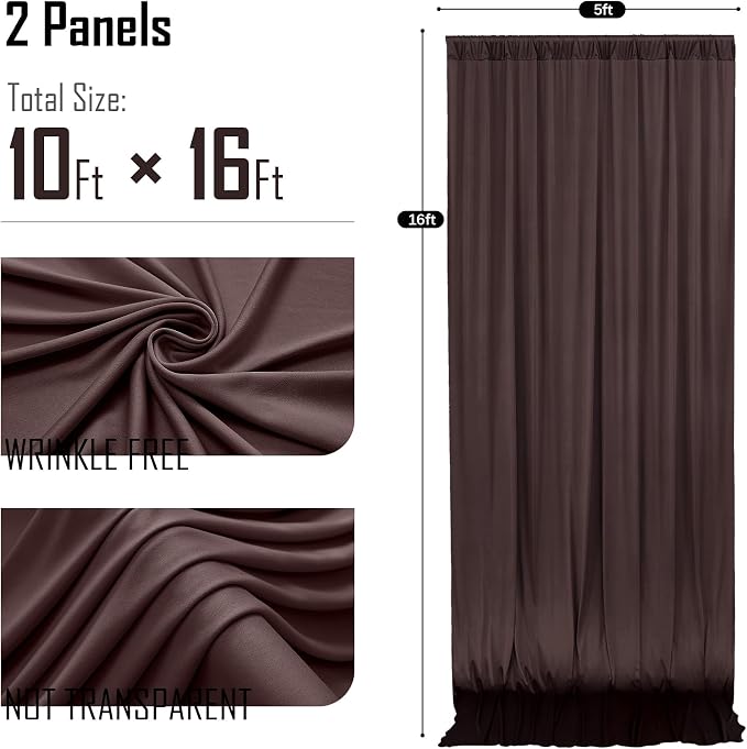 10x16ft Brown Backdrop Curtains for Wedding Party, 2 Panels 16 ft Long Back Drop Cloth, Wrinkle-Free Polyester Drapes for Birthday, Baby Shower, Stage Photography Background