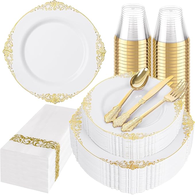 Hioasis 175pcs White and Gold Plates - White Party Plates for 25 Guest, Include 50 Heavy-duty Plates(20% Thicker Than Standard), 25 Cutlery Set, 25 Napkin, 25 Cups for Party & Wedding