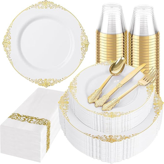 Hioasis 175pcs White and Gold Plates - White Party Plates for 25 Guest, Include 50 Heavy-duty Plates(20% Thicker Than Standard), 25 Cutlery Set, 25 Napkin, 25 Cups for Party & Wedding