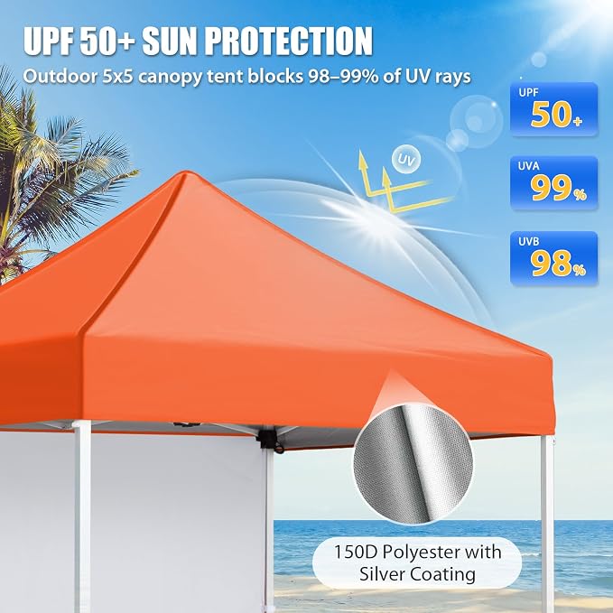 EAGLE PEAK Pop up Canopy 5x5, Outdoor Portable Canopy Tent with One Removable Sunwall, Carry Bag Included, Orange