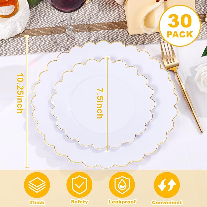 LIYH 60 Pcs White Plastic Plates with Gold Rim, Scalloped Disposable Combo Heavy-Duty Patriotic Plates Includes 30 Dessert Platos & 30 Dinner Platos for Birthday Wedding Party