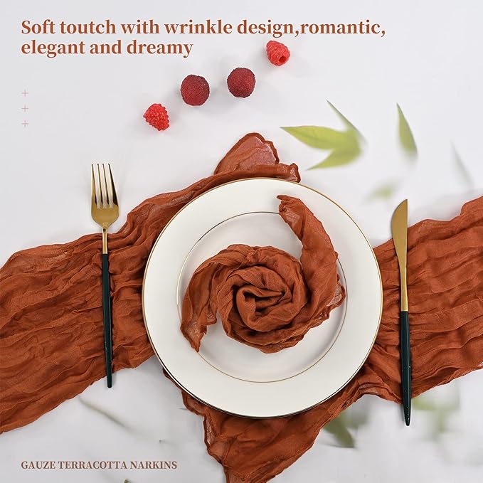 60 PCS Terracotta Gauze Cheesecloth Napkins,20x20 Inch Gauze Napkin Rustic Wrinkled Cheesecloth Napkin Bulk Washable Dinner Table Napkins for Wedding Party Bridal Shower Baby Shower Events Decor
