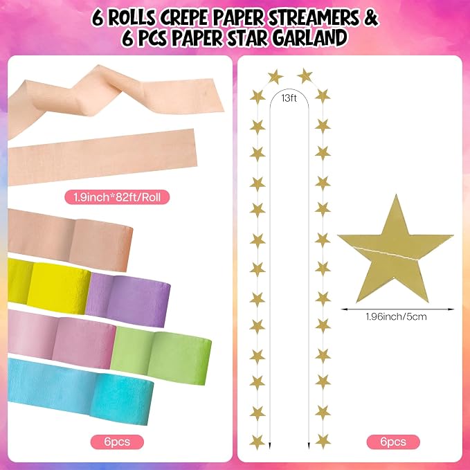 Pastel Birthday Party Decorations Kit with 492ft Crepe Paper Streamers, 300 Paper Chain Strips, 78.6ft Gold Star Garland and 30 Pastel Balloons for Wedding Birthday Party DIY Crafts Hanging Decor
