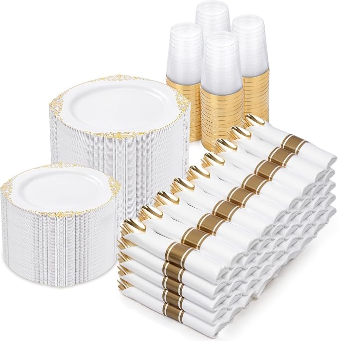 Nervure 700PCS Gold Plastic Plates - Gold Plastic Dinnerware Sets for 100 Guests - 200 Disposable Plates, 300 Silverware, 100 Cups, 100 Napkins for Wedding & Party & Graduation