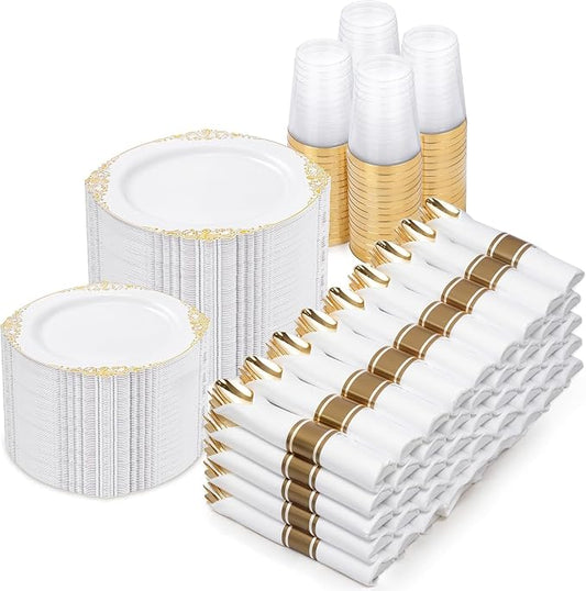 Nervure 700PCS Gold Plastic Plates - Gold Plastic Dinnerware Sets for 100 Guests - 200 Disposable Plates, 300 Silverware, 100 Cups, 100 Napkins for Wedding & Party & Graduation