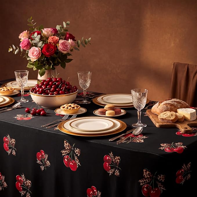 Frienda 1 Pcs Cheetah and Cherry Tablecloth Birthday Party Decorations Spandex Stretch 71 x 30'' Red and Black Cherry Table Cloth Rectangle Table Cover for Birthday Baby Shower Wedding Party Favors