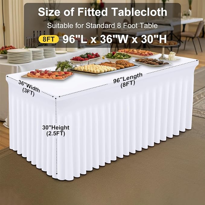 Smiry Spandex Tablecloth 2 Pack, Elastic Fitted Stretch Tablecloth for 8FT Rectangle Tables, Waterproof Washable Table Cover Skirt for Outdoor, Wedding, Banquet & Parties (White, 96Lx36Wx30H Inch)