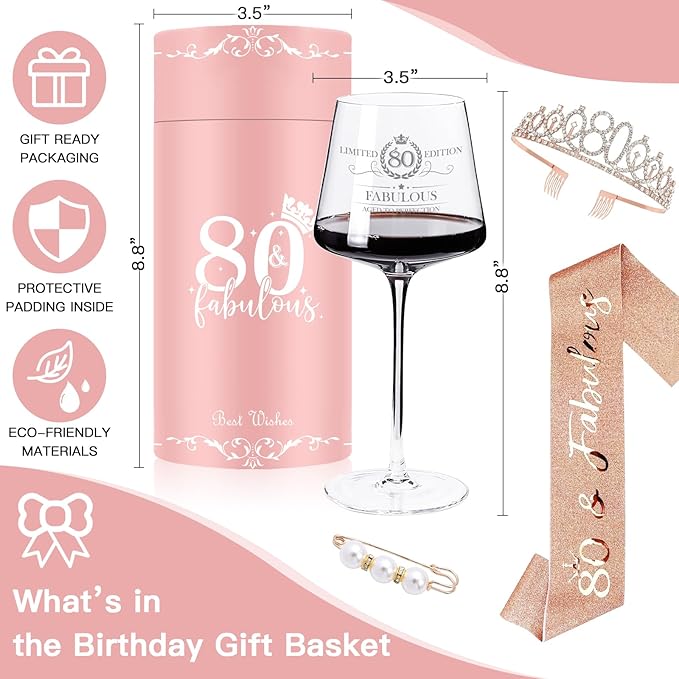 80TH Birthday Gifts for Women,Vintage Engraved 80th Wine Glass,80 Year Old Birthday Decorations For Her,80&Fabulous Sash and Tiara For Women,Friends,Sister-Turning 80th Party Favor Supplies