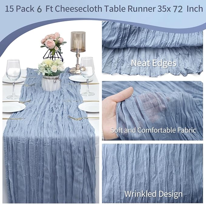 15 Pack Cheesecloth Table Runner 6FT Cheese Cloth Table Runner 35 x72 Inch Boho Table Runners Long Table Cover for Wedding Engagement Birthday Party Bridal Baby Shower Picninc Table Decor(Dusty Blue)