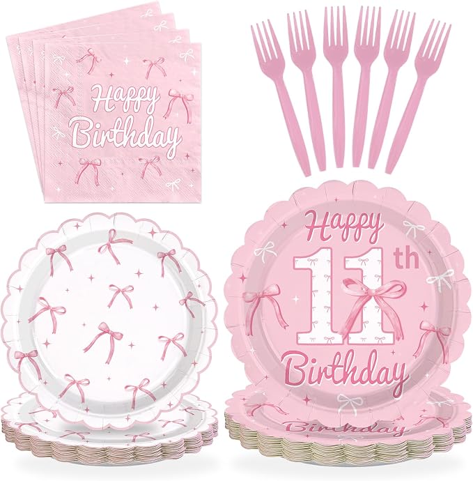96Pcs Pink Bow Party Supplies Coquette 11th Birthday Party Plates and Napkins Disposable Bow Themed Tableware Set for Girl Happy 11th Birthday Graduation 2026 Decorations, Serves 24