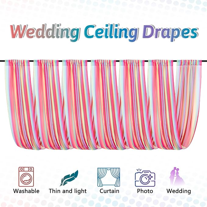 DUOBAO Rainbow Chiffon Ceiling Drapes 59''x20FT 6 Panels Sheer Arch Draping Fabric for Event Party Supplie, Baby Shower Photo Booth Background Supplies, Colorful Backdrop