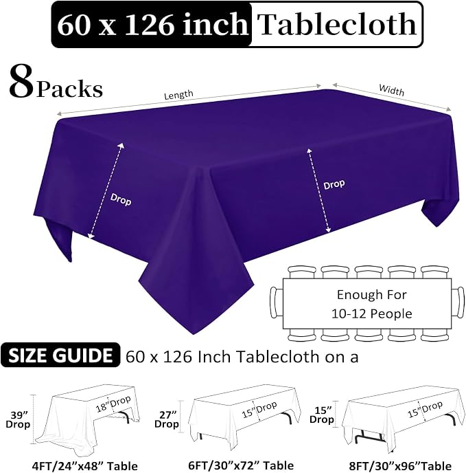 8 Pack Purple Tablecloth 60 x 126 Inch for 8 Foot Rectangle Tables, Wrinkle Resistant Purple Rectangular Table Cloth Washable Polyester Fabric for Holiday Buffet Wedding Party Banquet