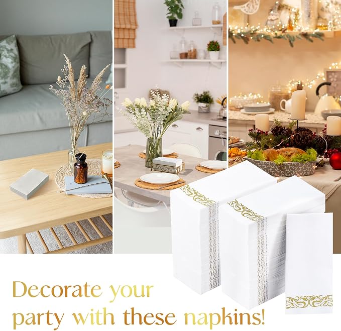 Vplus 400 Pack Paper Napkins Guest Towels Disposable Premium Quality 3-ply Dinner Napkins Disposable Soft, Absorbent, Perfect for Kitchen, Wedding, Parties, Dinners or Events (Gold)