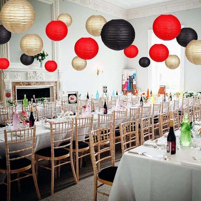 Paper Lanterns Decorative, Round Hanging Paper Lanterns Decorations for Wedding Graduation Anniversary Birthday Party Supplies Black/Gold/Red 15pcs
