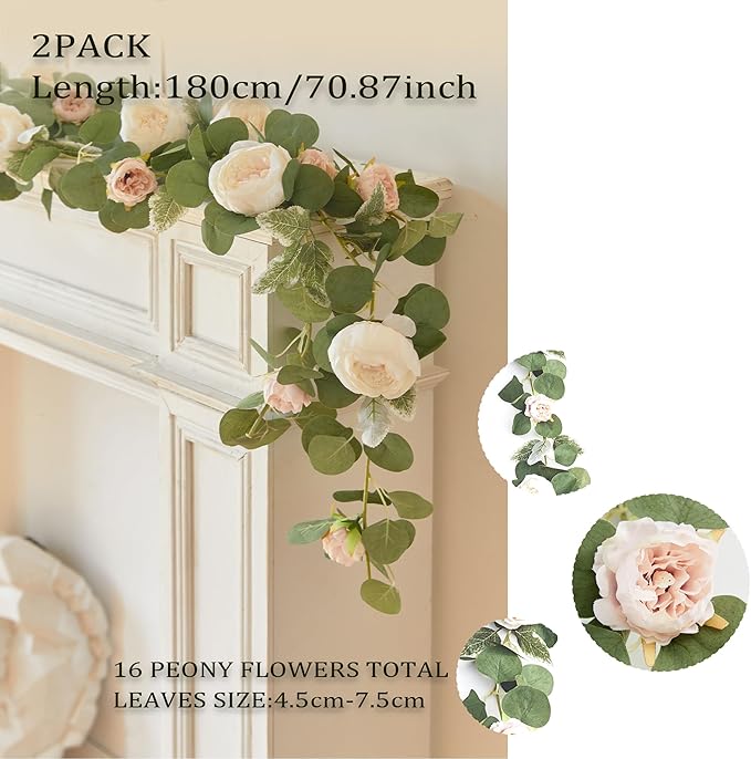 MISSPIN 2pcs Artificial Flowers Garland Spring Eucalyptus Garland Vintage Fake Flower Peony Rose Vine Greenery Decorative Wall Hanging Plant for Wedding Arch Door Arrangement Party Decor