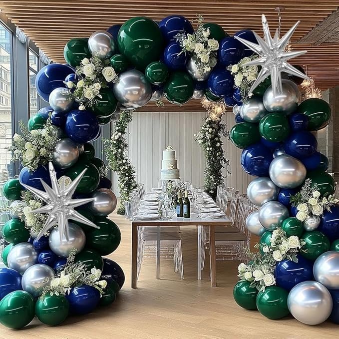Navy Blue Green Silver Balloon Garland Double Stuffed Dark Green Silver Forest Navy Balloon Metallic Arch Kit for Birthday Football Game Dinosaur Graduation Party Decoration