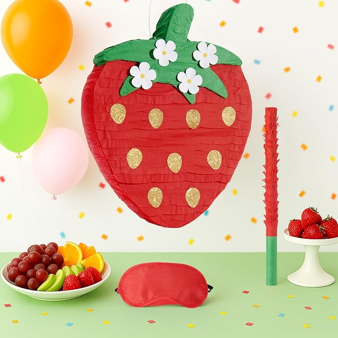 Wernnsai Red Strawberry Piñata For Kids - Strawberry Baby Shower Piñata Strawberry Birthday Party Decorations Summer Fruit Themed Party Game Supplies With Bat Blindfold 16.5" × 11.6" ×3"