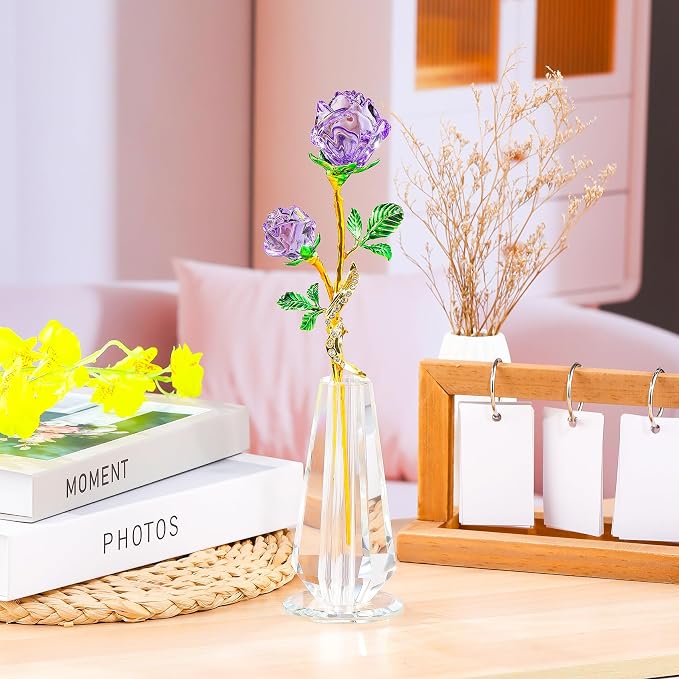 Arikyrist Purple Rose Flower Crystal Figurine with Vase, Handmade Bouquet Glass Flowers Ornament Rose Gifts for Wife Women, Crystal Flower Home Table Decor for Valentine Mother's Day Wedding