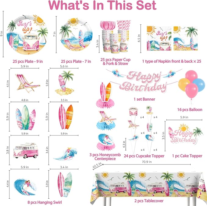 Xynic 205pcs Surf Birthday Party Decorations Complete Tableware Set, for 25 Guests, Beach Birthday Party Decorations, with Banner, Balloons, Cake Cupcake Toppers, Plates, Cups, Napkins, Tablecloth