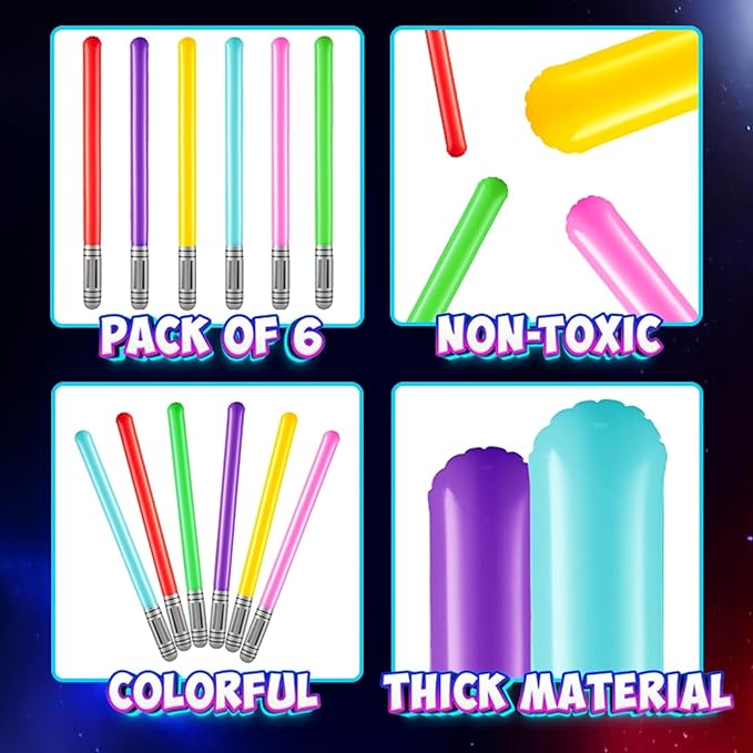 Bedwina Inflatable Saber Swords for Kids - (Pack of 6) 35-inch Neon Color Blow-Up Toy Saber Swords, Party Favors, Goodie Bags, Star Galaxy Theme Birthdays & Prize Toys