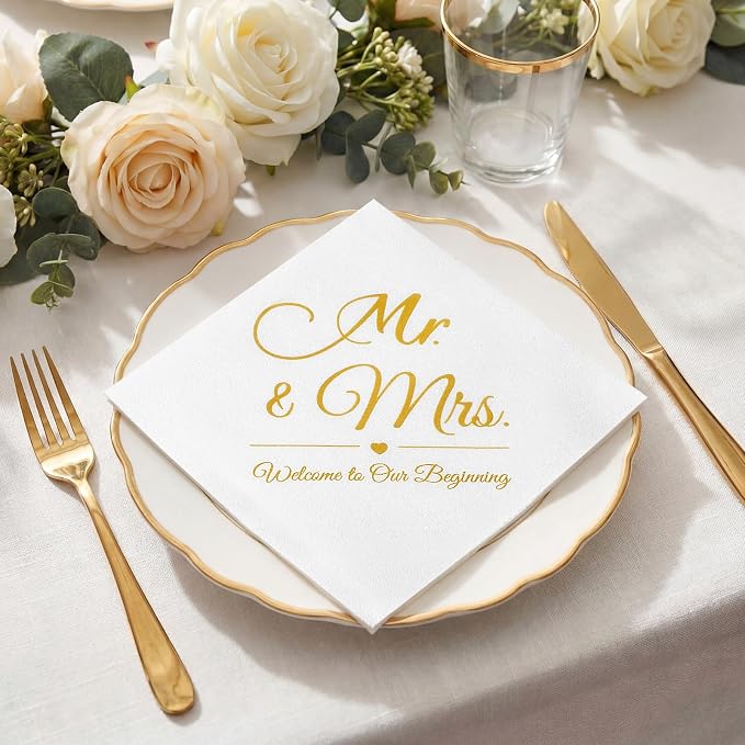 200 Pack Linen Feel Mr and Mrs Wedding Cocktail Napkins Disposable White and Gold Guest Linen Napkins for Wedding Party Reception Dessert Cake Table Decorations