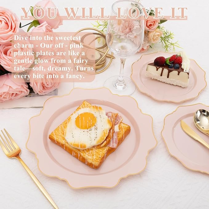 WDF 200PCS Pink Plastic Plates - Pink and Gold Plastic Plates - Include 100 Dinner Plate and 100 Cake Plate for Spring/Wedding/Bridal Shower/Tea party/Mother's Day