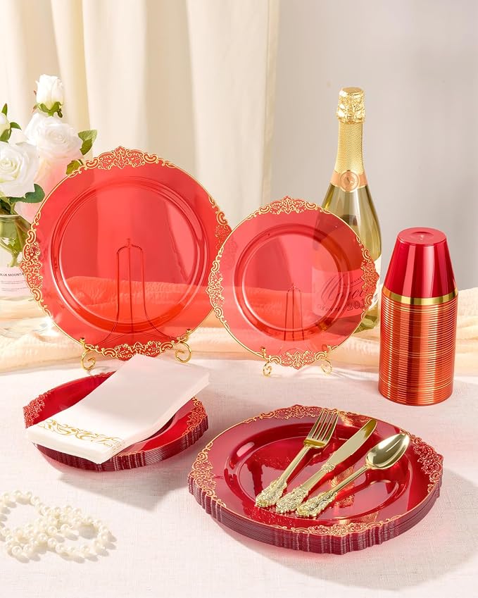 Bestluck 700PCS Clear Red Plastic Plates for 100 Guests, Disposable Plates with Gold Trim include 100 Dinner plates, 100 Dessert Plates, 300 Gold Silverware, Cups and Napkins for Party, Graduation