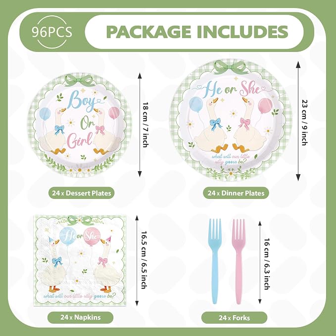 96 Pcs Sage Green White Goose Gender Reveal Decorations Baby Shower Plates and Napkins Goose Baby Shower Tableware Set for Gender Reveal Birhday Party Supplies, Serves 24