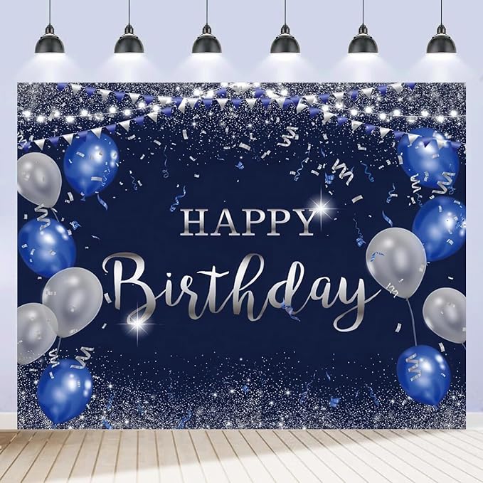 Happy Birthday Backdrop 10x8ft for Men Boys Navy Blue and Silver Happy Birthday Banner Decorations Large Birthday Party Photo Background Poster for Women Girls Supplies Polyester Fabric