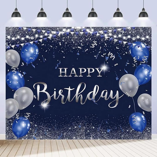 Happy Birthday Backdrop 10x8ft for Men Boys Navy Blue and Silver Happy Birthday Banner Decorations Large Birthday Party Photo Background Poster for Women Girls Supplies Polyester Fabric