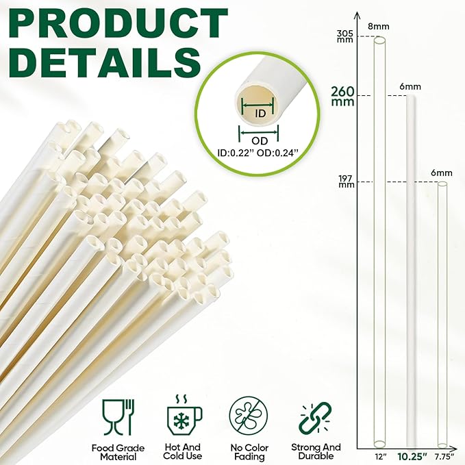 10 Inch Long Paper Drinking Straws, 0.24" Diameter - White, 100 counts