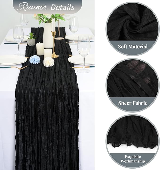 20 Pack Black Cheesecloth Table Runner 120 Inch 10FT Rustic Boho Gauze Cheese Cloth Table Runner for Wedding Party Baby Shower Thanksgiving Christmas Decoration