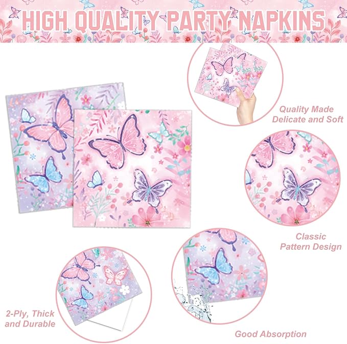 Butterfly Birthday Decorations, Girls Birthday Supplies - Plates, Napkins, Cups, Cutlery, Cake & Cupcake Toppers, Banner, Hanging Swirls, Tablecloth, Balloons for Butterfly Party Decorations, Serve 20