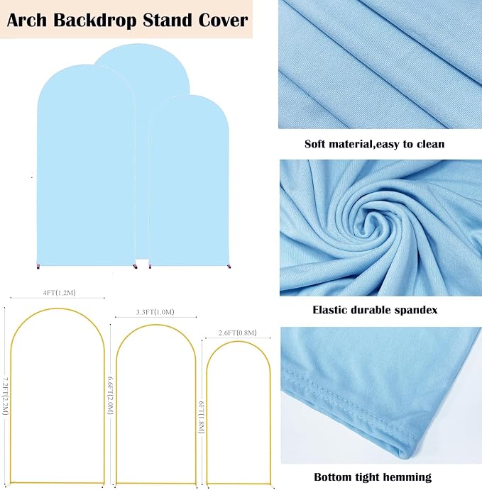 HAINARverS Set of 3 Wedding Arch Cover 6FT,6.6FT,7.2FT Spandex Fitted Stretchy Arch Stand Covers,2 Sided Round Top Chiara Backdrop Cover for Birthday Party Banquet Arch Decoration(Baby Blue)