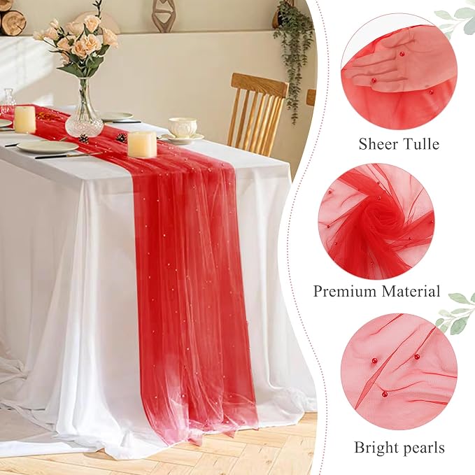 Set of 6 Pearl Valentine's Day Table Runner 29 x 120 Inch Tulle Fabric Lace Table Runners for Bridal Shower Birthday Party Wedding Arch Dessert Table Decor(Red)