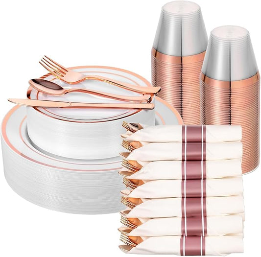 realluck 350 PCS White and Rose Gold Plastic Dinnerware Set for 50 Guests, 100 Plates for Party, 50 Pre Rolled Napkins with Gold Silverware, 50 Cups