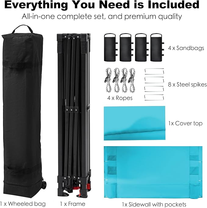 GAFETE 10×10 Pop Up Canopy Tent with 1 Pockets Sidewall, Easy up Sun Shade with One Push Setup, Portable Instant Outdoor Canopy Tent for Events Parties Camping with Carrying Bag (Cerulean, 10x10 FT)