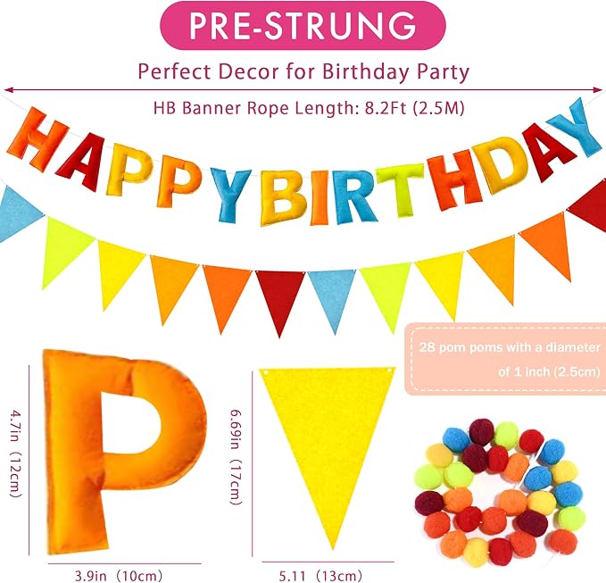 CANREVEL Pre-Strung 3D Happy Birthday Banner, 3 PCS Blue Felt Garland, Pom Pom Garland, Triangle Fabric Bunting, Reusable Blue Birthday Decorations for Boys Men, Blue Orange