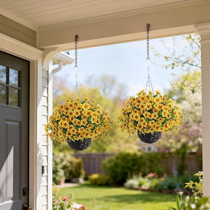 VIERENA 2 Sets Artificial Morning Glory and Eucalyptus Hanging Basket for Outdoor, UV-Resistant Fake Flower Hanging Basket, Suitable for Porch, Aisle, Garden, Patio, Eaves Decor (Yellow)