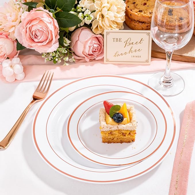 I00000 200 Pcs Rose Gold Plastic Plates, Disposable Party Plates Include 100 Gold Dinner Plate 10’’ and 100 Disposable Dessert Plate 7’’ Perfect for Party, Wedding & Birthday