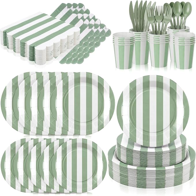 Mimorou 175 Pcs Sage Green Party Supplies for 25 Guests, Disposable Tableware Set with Green White Striped Paper Plates Napkins Cups Spoon Fork Knife for Baby Shower Birthday Bridal Party