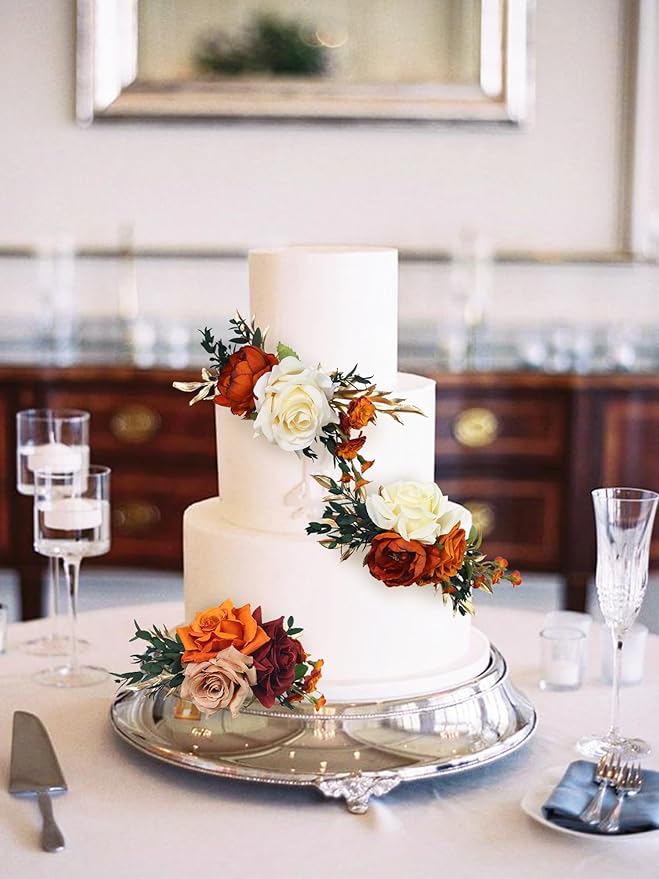 Rinlong 3Pcs Cake Flowers Cake Toppers Terracotta Artificial Flowers for Cake Decor Burnt Orange Fall Wedding Cake Decorating Flowers for Baby Shower Birthday