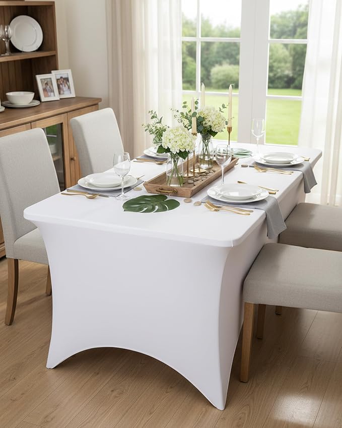 Fixwal 18 Pack 6Ft White Table Cover, Spandex Fitted Bulk Tablecloths Rectangle, Wrinkle-Free and Stretch Folding Table Cloth for Banquet, Wedding, Party, Trade Show