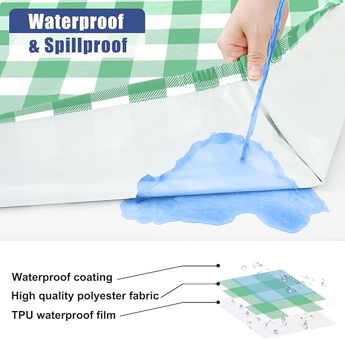 Smiry Picnic Table Cloth 4 Pack, Waterproof Elastic Fitted Tablecloths for 4FT Rectangle Tables, Washable Polyester Buffalo Plaid Tablecloth for Camping & Outdoor (Sage Green & White, 30" x 48")