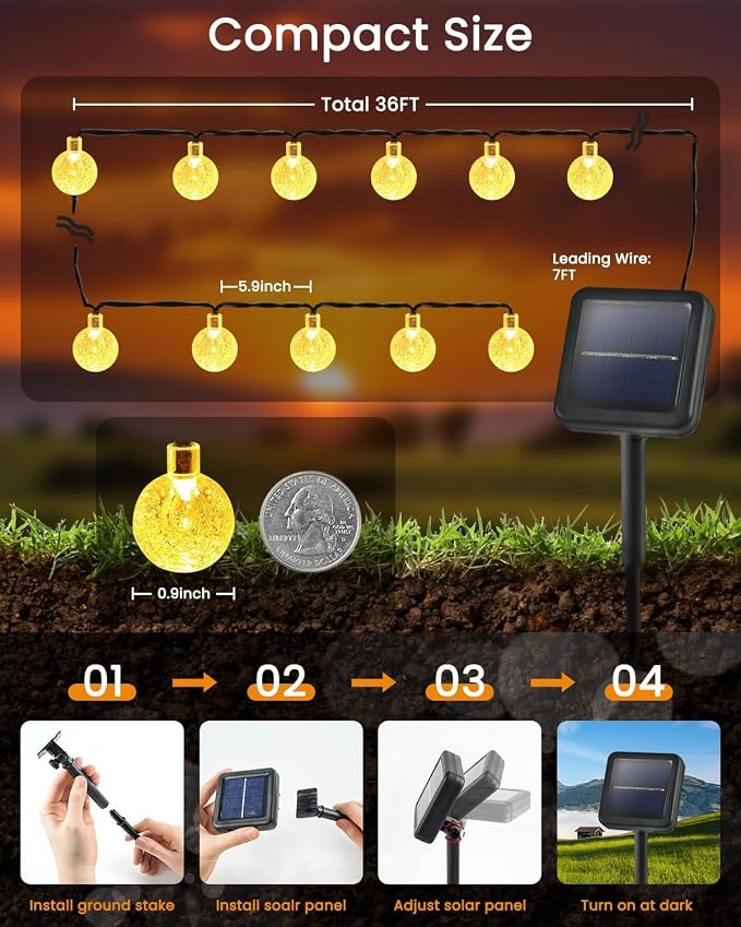 LORRYTE Solar String Lights Outdoor - 50 LED 32FT Waterproof Warm White Solar Powered Crystal Globe Lights for Outside with 8 Lighting Modes for Patio Decorations, Garden, Party, Porch, Wedding, Yard