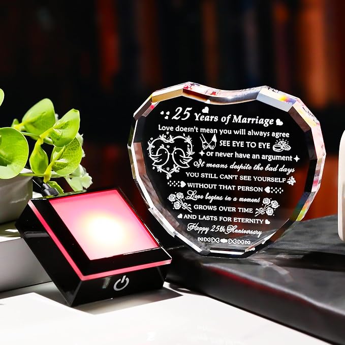 Arikyrist 25th Wedding Anniversary Crystal Heart Gifts for Couple, Laser Engraved 25 Year Anniversary Crystal Gifts for Wife Husband Parents, Romantic 25 Years of Marriage Gift for Him Her Friends