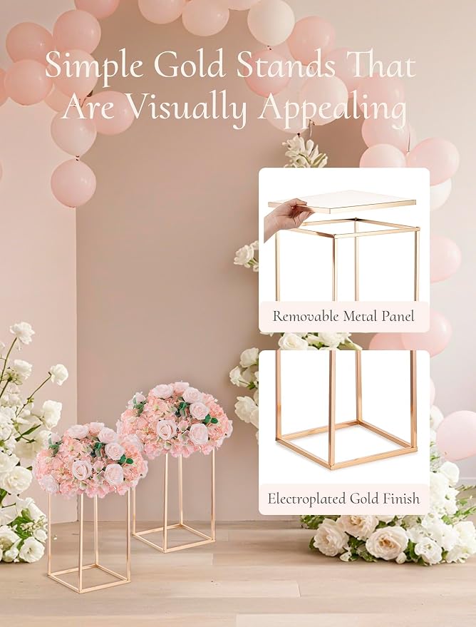 Gold Metal Cube Vase Stand for Wedding Centerpieces, 15.75in Tall, 2 Pcs | Columnar Cube Shape, Easy to Assembly, Flowers Cakes Drinks Display Table Centerpieces for Wedding Party Event